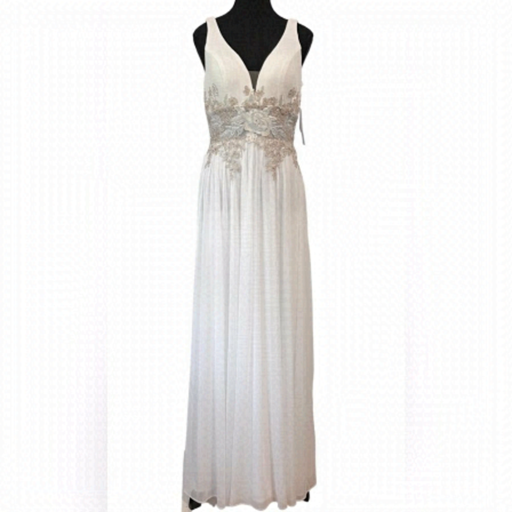 Betsy & Adam, V-Neck Mesh Waist Embroidered Chiffon Gown in White, Size: 6. NWT